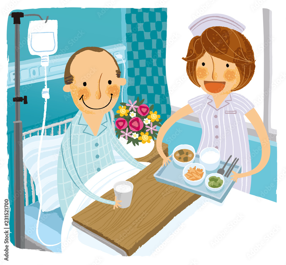 Patient in hospital bed receiving breakfast from Nurse Patient in hospital bed receiving breakfast from Nurse