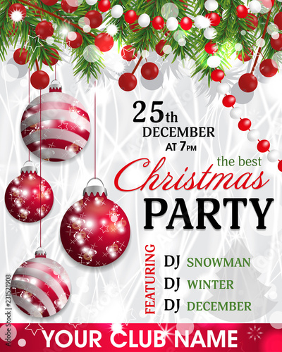 Christmas and New Year background. Christmas party invitation decoration with fir branches, beads and holly berry and red balls. Vector illustration.
