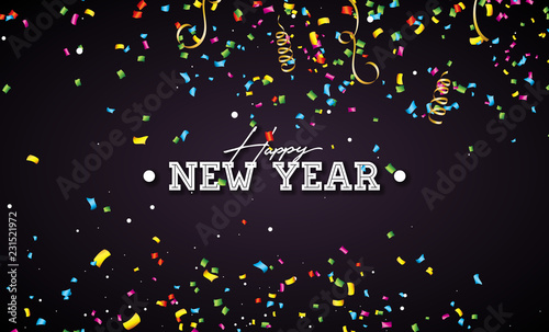 2019 Happy New Year illustration with 3d typographi lettering and falling confetti on black background. Holiday design for flyer, greeting card, banner, celebration poster, party invitation or