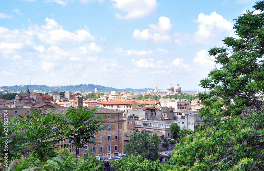 Rome, Italy - May 11 2018: Beautiful view from the top of the Park Villa Borghese. Landmark for tourists in the capital.