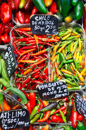 Photography Sale of fresh colored pepper on the market La Boqueria