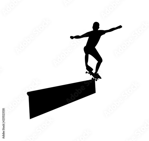 Black silhouette of a skateboarder grinding, isolated on white background