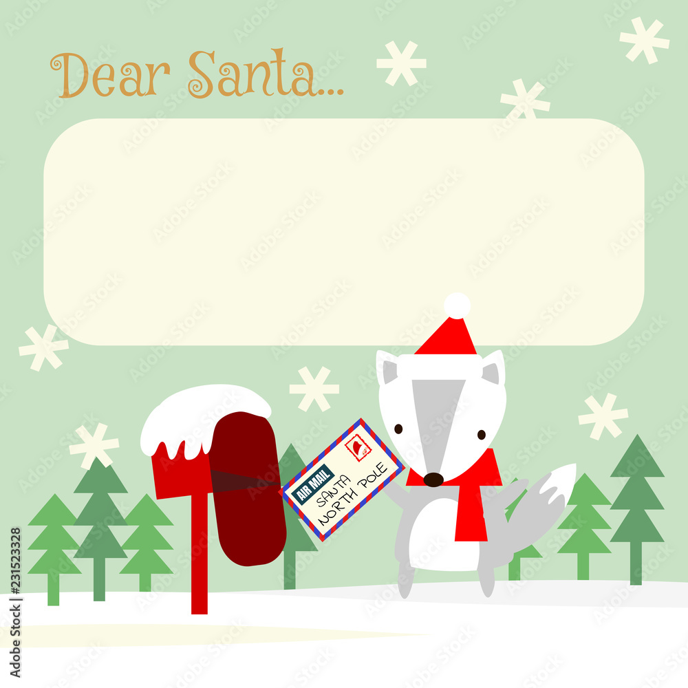 Cute fox send letter in Christmas season.Greeting card or invitation.