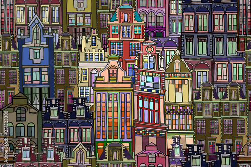 Vector seamless pattern with Dutch fictional vintage houses. Hand drawn.