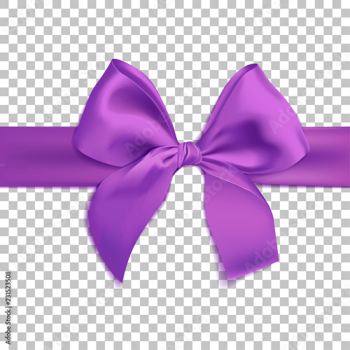 Realistic purple bow isolated on transparent background. Template for brochure or greeting card. Vector illustration.