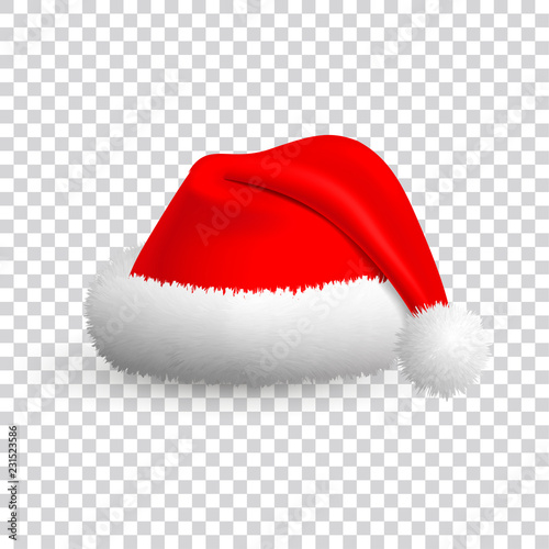 Santa Claus hat isolated on transparent background. Vector Realistic Illustration.