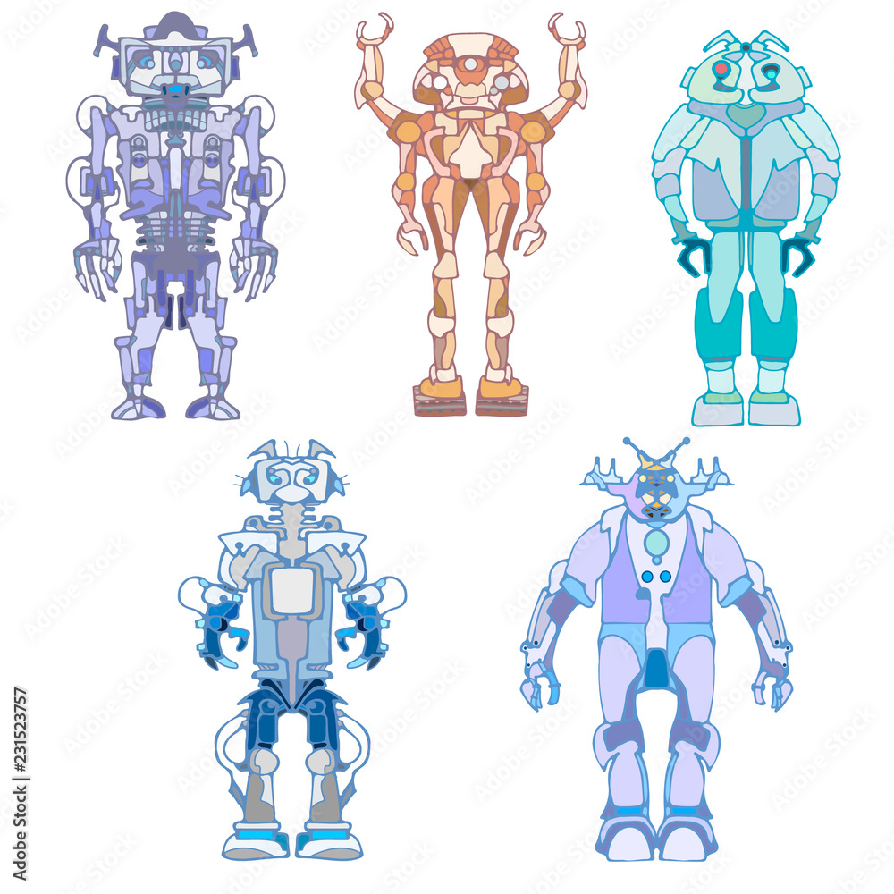 Vector abstract funny monster robot character icons set illustrating industrial automation, toys, or robotics and fantasy machines. Hand drawn. Vector abstract funny monster robot character icons set illustrating industrial automation, toys, or robotics and fantasy machines. Hand drawn.