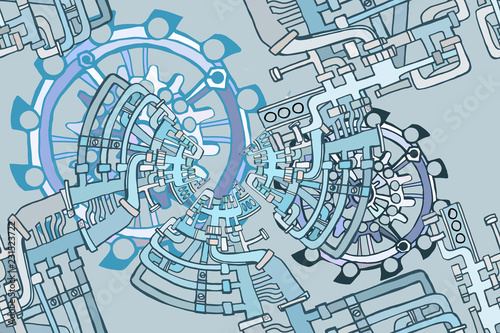 Vector seamless pattern with abstract industry or steampunk background. Fantasy technology or factory illustration with decorative machine sketch elements.  Hand drawn.