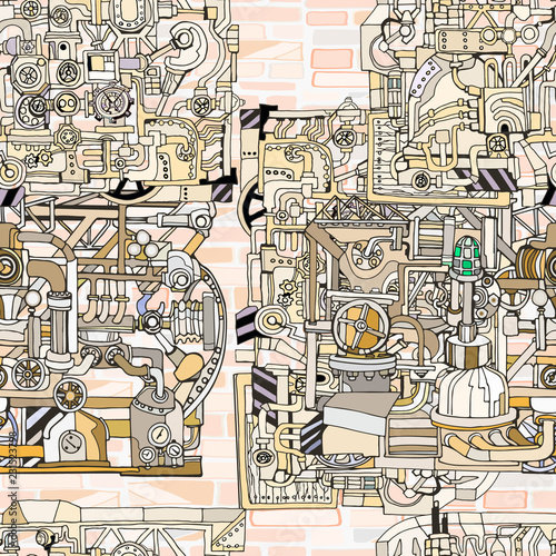 Vector seamless pattern with abstract technology, industry or steampunk background. Fantasy technology or factory illustration with decorative machine sketch elements.  Hand drawn.