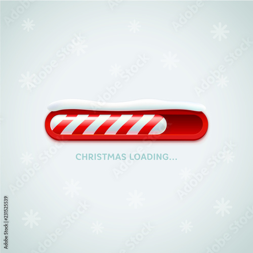Christmas Loading. Red christmas candy cane style web progress bar on light background with snowflakes. Greeting card, web banner, landing page, brochure or poster template. Vector Illustration