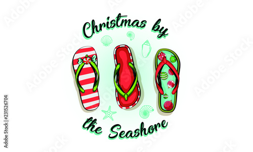 merry christmas and a happy new year in a warm climate design tropical Christmas, Holiday greeting card with Christmas style sandals on the beach