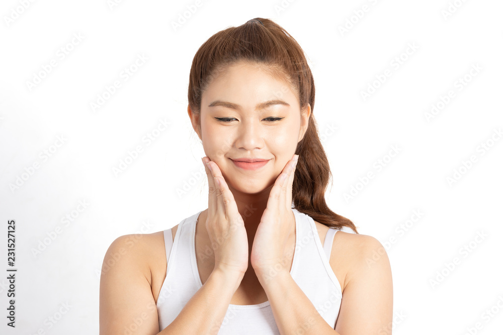 Beautiful Attractive Charming Asian young woman smile touching soft cheek feeling so happiness and cheerful with healthy skin,isolated on white background,Beauty Concept Beautiful Attractive Charming Asian young woman smile touching soft cheek feeling so happiness and cheerful with healthy skin,isolated on white background,Beauty Concept