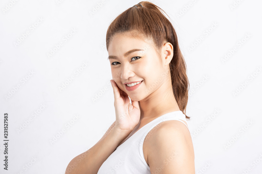 Beautiful Attractive Charming Asian young woman smile with white teeth and touching soft cheek feeling so happiness and cheerful with healthy skin,isolated on white background,Beauty Concept Beautiful Attractive Charming Asian young woman smile with white teeth and touching soft cheek feeling so happiness and cheerful with healthy skin,isolated on white background,Beauty Concept