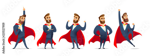 Businessman in a superhero costume. Character collection of business hero in various poses. Super manager set.