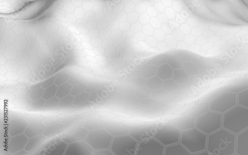 Honeycomb white with a gradient color on a light background. Perspective view on polygon look like honeycomb. Wavy surface. Isometric geometry. 3D illustration photo