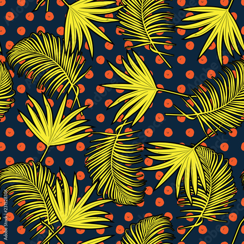 Bright vector seamless pattern beautiful artistic silhouette tropical leaves in polka dot background with exotic forest.colorful original stylish floral print