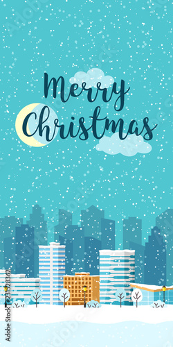 Christmas winter city vertical landscape with big building. Snowy evening view with buildings and skyscrapers. Vector illustration for smartphones