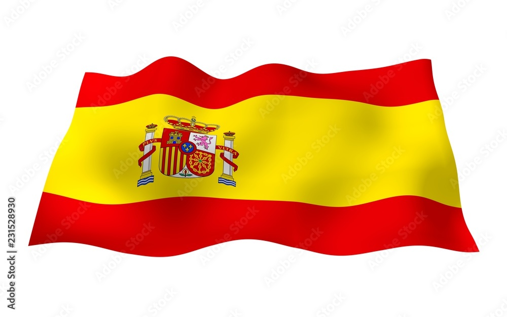The flag of Spain. Official state symbol of the Kingdom of Spain. Concept: web, sports pages, language courses, travelling, design elements. 3d illustration The flag of Spain. Official state symbol of the Kingdom of Spain. Concept: web, sports pages, language courses, travelling, design elements. 3d illustration