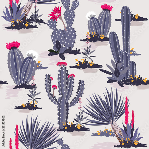 Seamless pattern vector summer cactus on desert mix with beautiful pink blooming succulents flower for fashion fabric