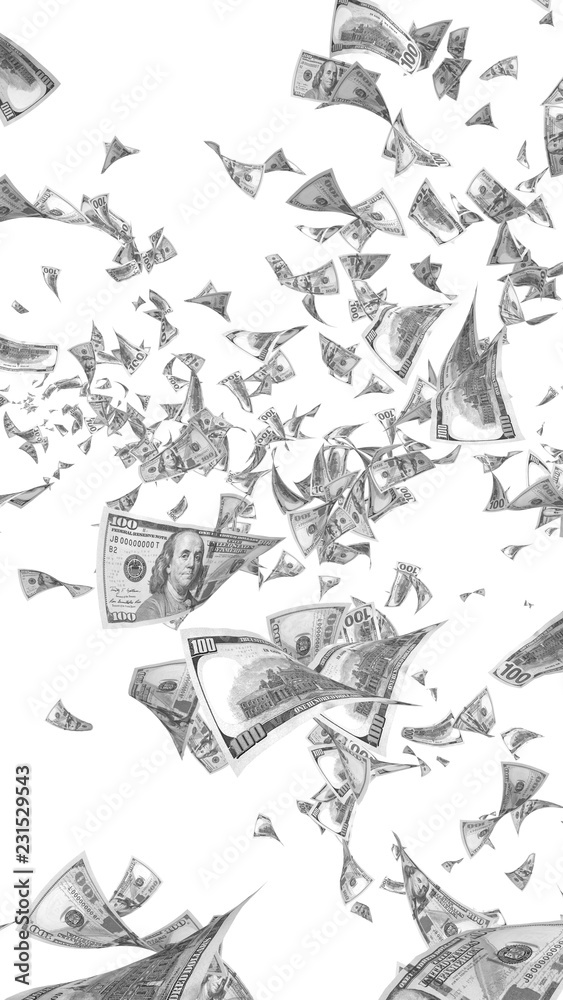 Fototapeta premium Flying dollars banknotes isolated on white background. Money is flying in the air. 100 US banknotes new sample. Black and white style. 3D illustration