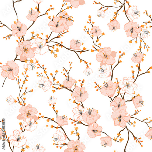 Seamless pattern with hand drawn decorative cherry blossom flowers,