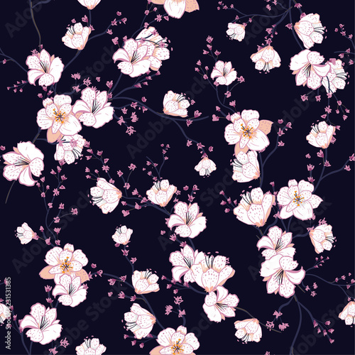 Seamless pattern with white blooming tree branches  apple tree or sakura flowers on dark navy blue background 
