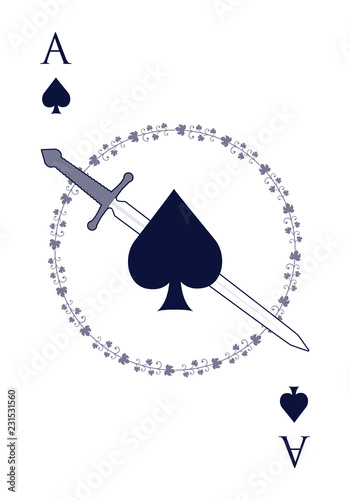 Ace of spades crossed with a sword, surrounded by a garland of leaves. Isolated on white background.