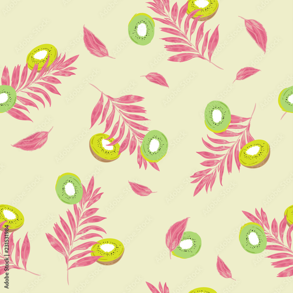 Colorful summer seamless pattern kiwi fruit slices with palm leaves on beige background