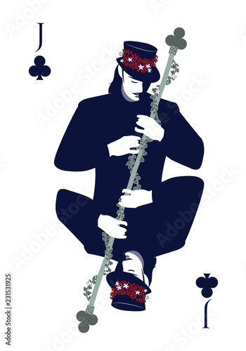 Jack of Clubs with top hat, hugging a rod surrounded by trees and flowers. Isolated on white background.