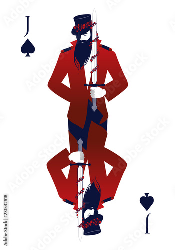 Jack of Spades with top hat, hugging a sword surrounded by flowers. Isolated on white background.