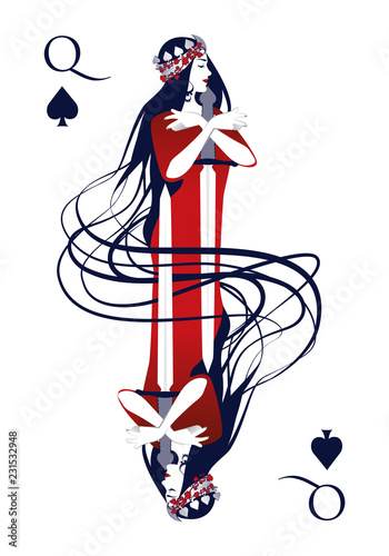 Queen of Spades wearing a crown surrounded by leaves, hugging a sword. Isolated on white background.