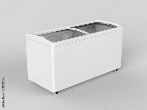 Blank ice cream freezer isolated for branding design. 3d render illustration. photo