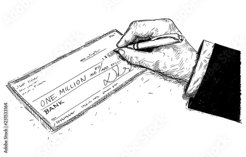 Vector artistic pen and ink drawing illustration of hand of businessman filling one million dollars check or cheque.
