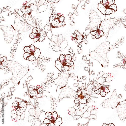 Beautiful Vector semleass pattern flower and butterflies with dash and embroidery technic beautiful delicate  for fashion wallpaper and ect.