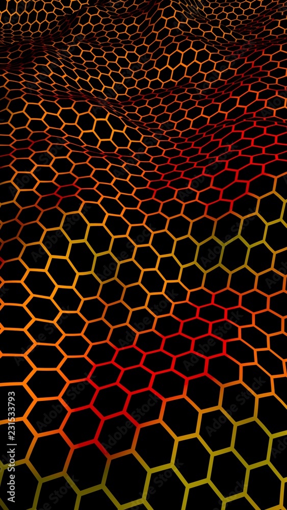 Honeycomb wave effect on a red yellow background. Perspective view on polygon look like honeycomb. Isometric geometry. Vertical image orientation. 3D illustration Honeycomb wave effect on a red yellow background. Perspective view on polygon look like honeycomb. Isometric geometry. Vertical image orientation. 3D illustration
