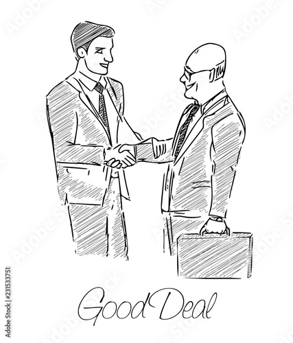 Two businessmen made a good deal. Commitment, hand, deal, business, partnership concept. Sketch of business partnership concept. Isolated vector illustration.