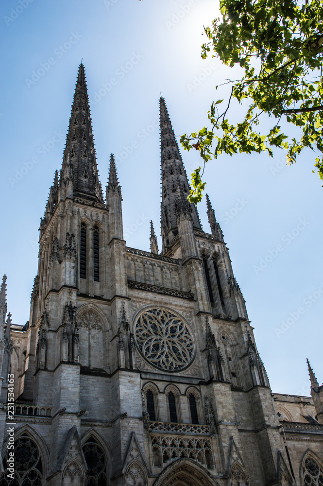 Facade of Saint-Louis-des-Chartrons in Bordeaux France. A roman catholic church with two towers with the sun shining and trees with green leaves