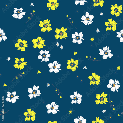 Yellow and white Floral seamless pattern blooming  flowers Botanical  Motifs scattered random. Seamless vector texture. Elegant template for fashion prints.