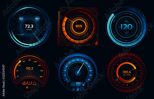 Speedometer indicators. Power meters, fast or slow internet connection speed meter stages vector concept photo