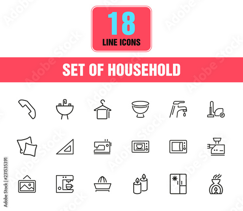 Household icons. Set of line icons. Ironing, faucet, oven. Housekeeping concept. Vector illustration can be used for topics like home appliance, decoration, housecleaning.