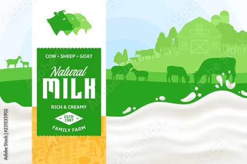 Milk illustration. Rural landscape. Milk splash