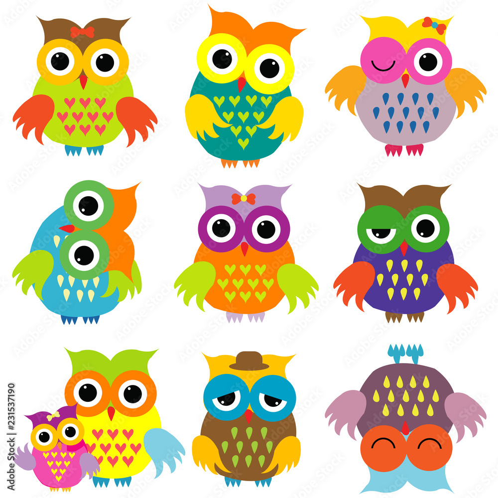 Colorful cartoon owls set