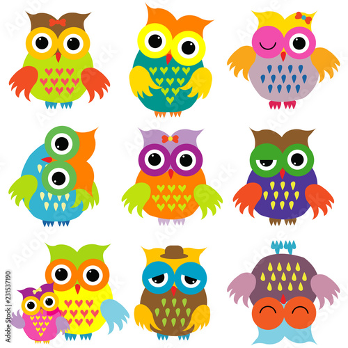 Colorful cartoon owls set