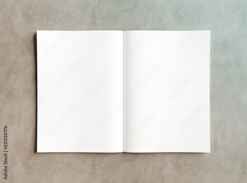 White open magazine mockup on concrete 3D rendering White open magazine mockup on concrete 3D rendering