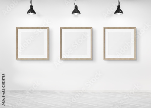 Three squared frames hanging on a wall mockup 3d rendering