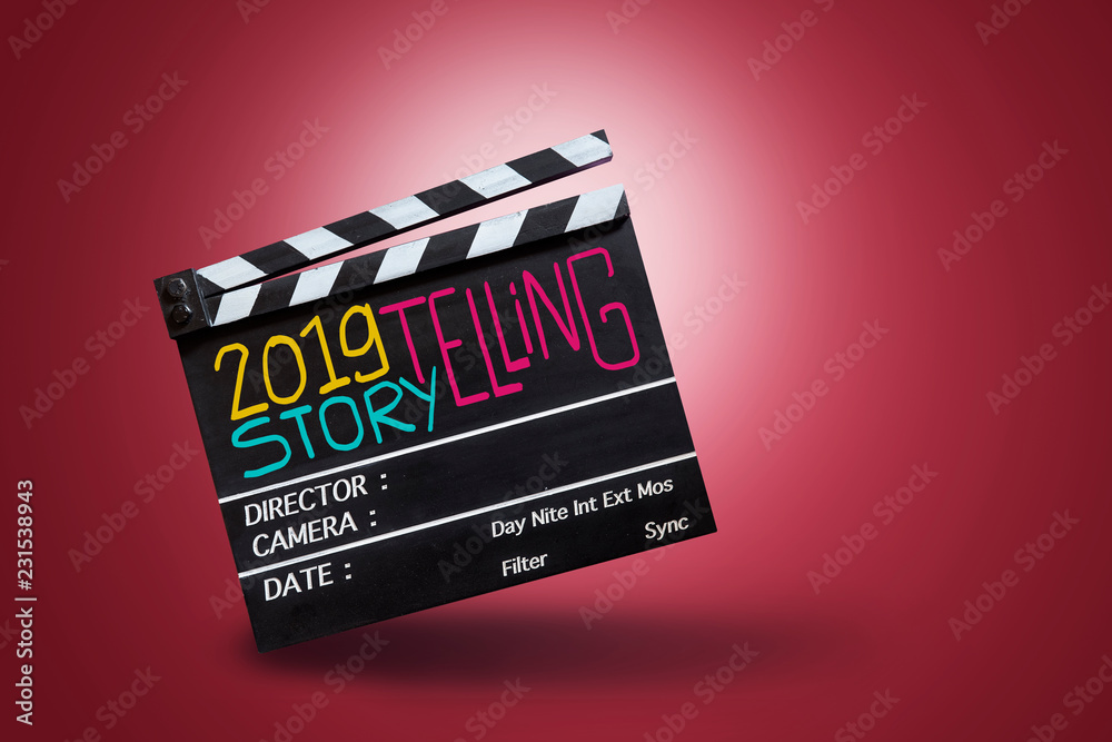 Naklejka premium 2019 Story telling ,colourful text title on movie Clapper board