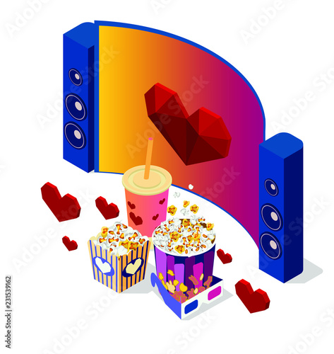 Watch the movie in cinema.  Valentine's day. Bright youth illustration of a home cinema. Isometric 3d flat illustration