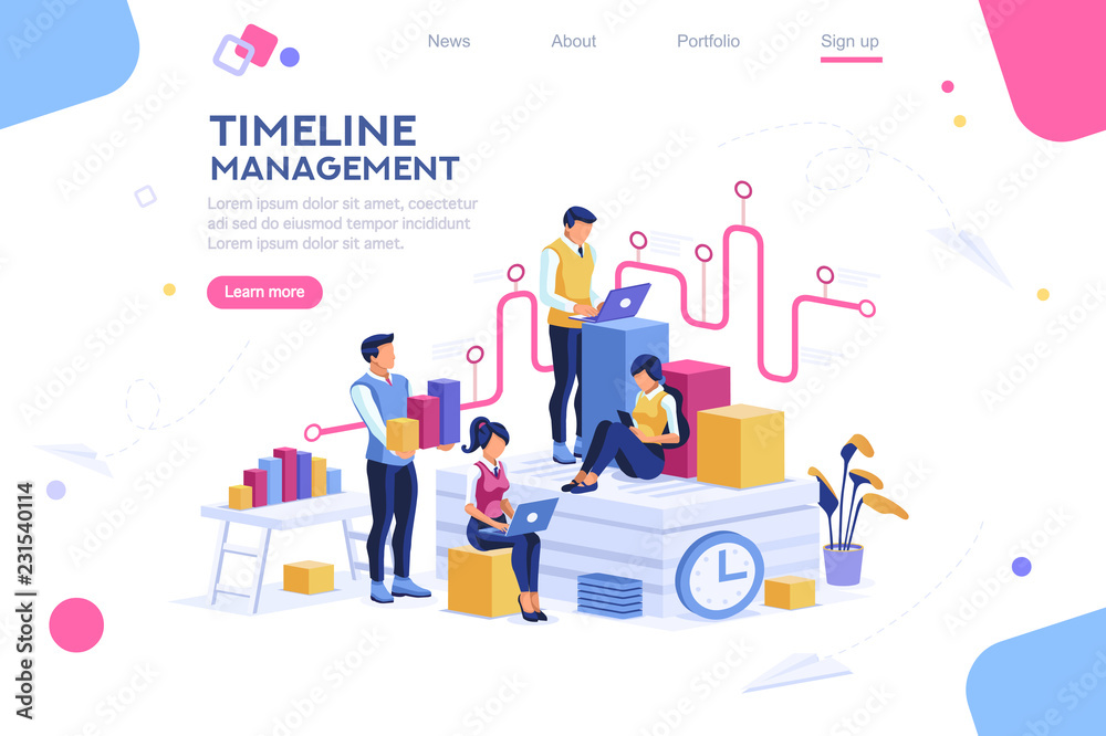 Document management, team thinking, brainstorming analytics information about company. Clock always at office. Around infographic flying presentation history timeline concept. Flat isometric character Document management, team thinking, brainstorming analytics information about company. Clock always at office. Around infographic flying presentation history timeline concept. Flat isometric character