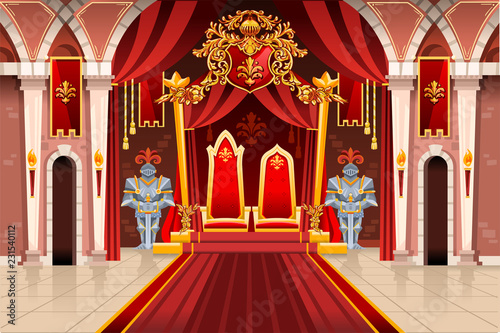 Door of the castle and windows, ancient rich medieval artwork with royal armor of knight guard. Image with throne of the king on the palace. Flags of fantasy fairy queen. Vector illustration.
