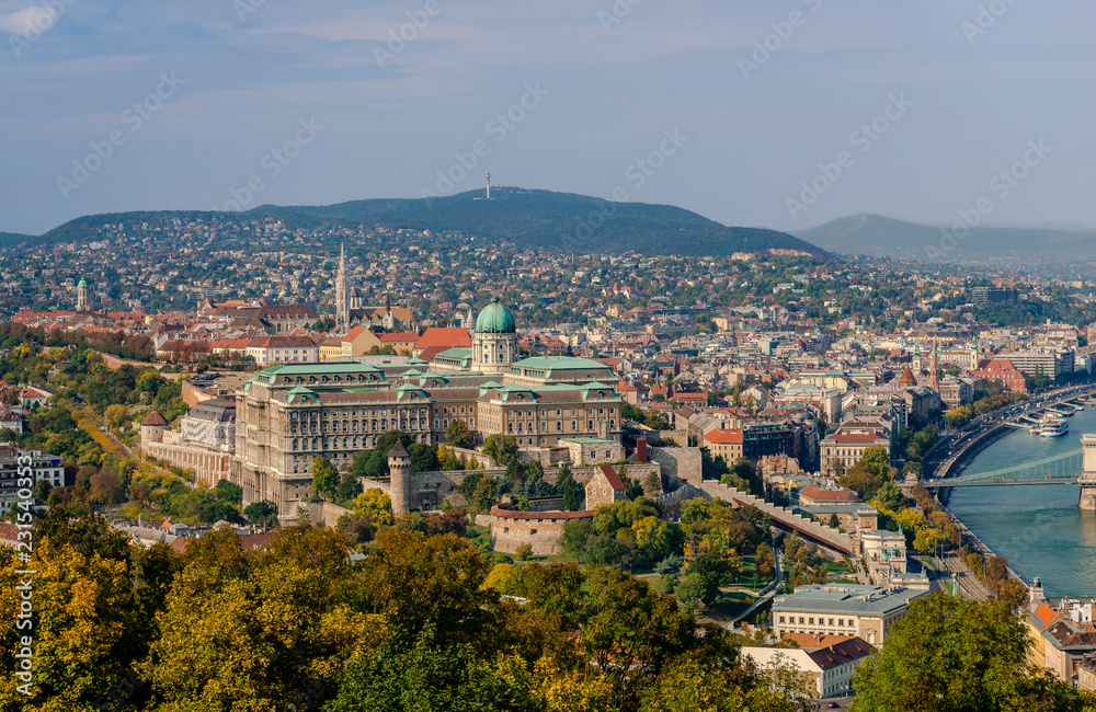 View of the Castle Hill, from the Gellert Hill, in Budapest, Hungary. The Castle of Buda dominates the picture.